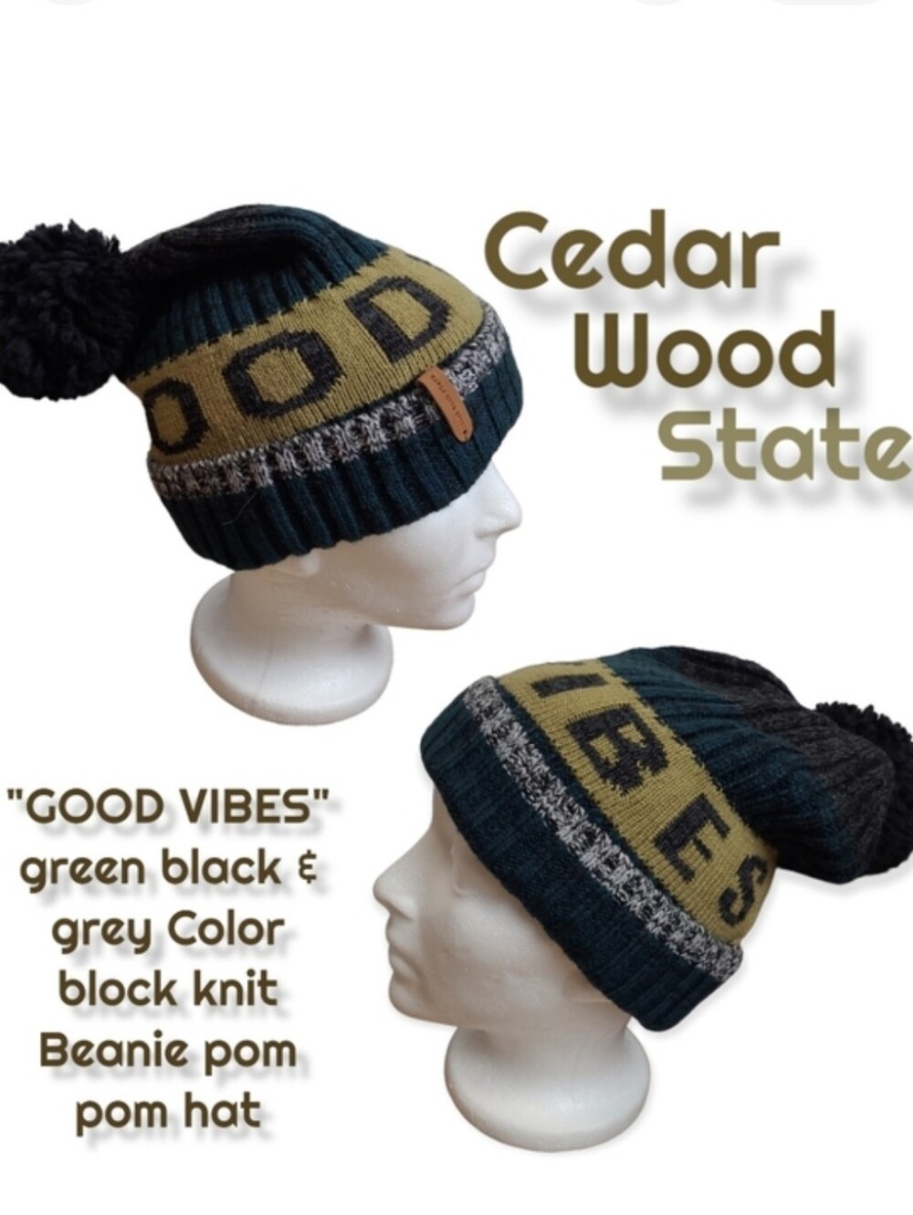 Cedar wood state GOOD VIBES Colorblock wool blend knit Beanie pom pom toque hat